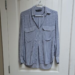 Zara Woman XS Chic Badic Blue White Striped Long Sleeve Shirt Buttons
